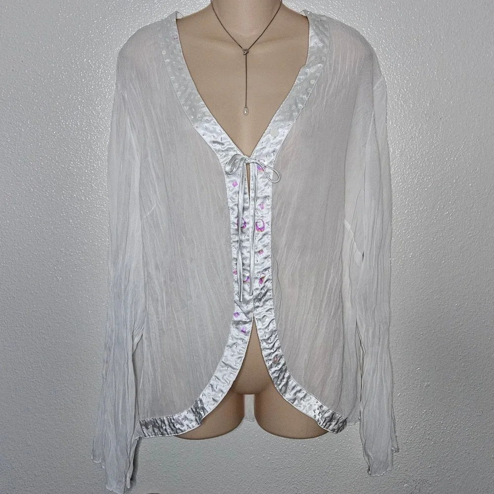 Kaelyn Max II White Sheer Crinkle Gauze Sequin Satin‎ Trim Tie Front Cardigan